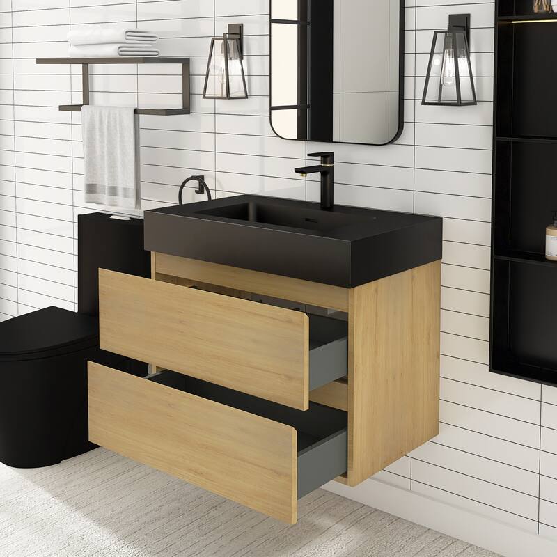 Floating Bathroom Vanity with Black Solid Surface Top