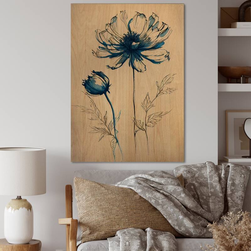 Designart 'Indigo Flower Blossoming II' Floral Wood Wall Art - Natural Pine Wood - 30 In. Wide x 40 In. High