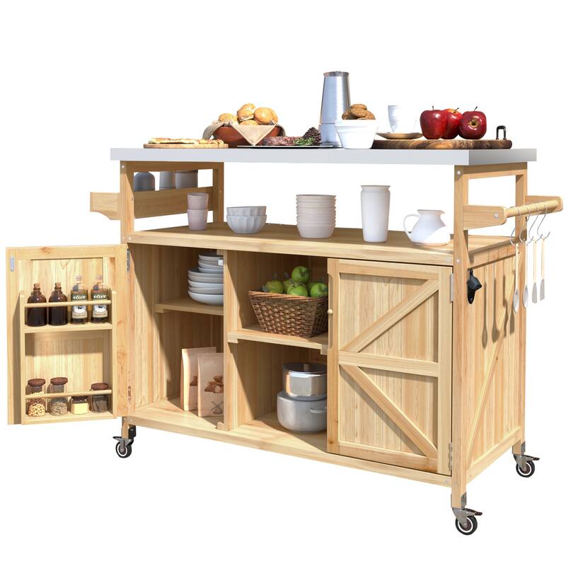 Outdoor Kitchen Island, Rolling Bar Cart & Storage Cabinet, Solid Wood Outdoor Grill Table with Stainless Steel Top