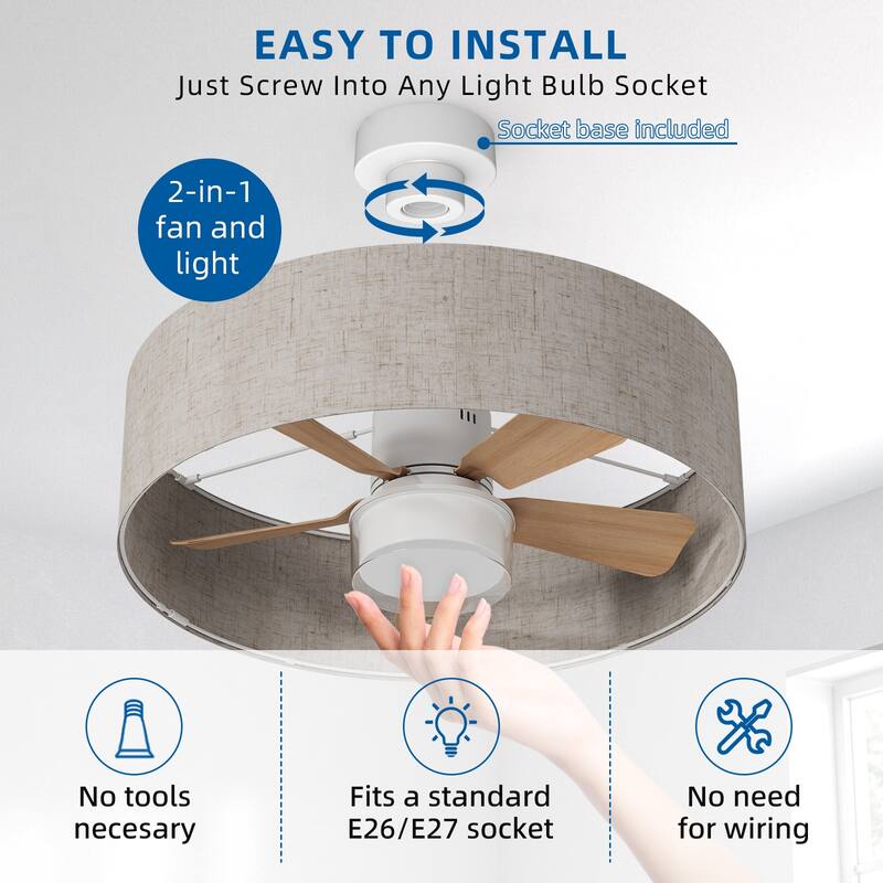 17.7 in. Indoor Socket Ceiling Fan Light with Remote, LED Light, 4 Fan Speeds, Dimmable, 3 Color Temperatures