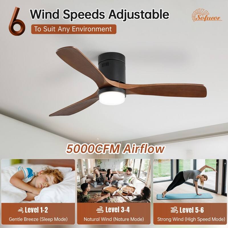 42“/52"/60"/48" Noiseless Walnut Wood Ceiling Fan with Remote Control, Integrated Light Optional