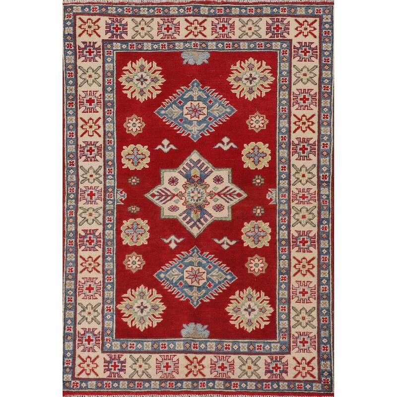 Red Geometric Kazak Oriental Accent Rug Hand-Knotted Wool Carpet - 3'4"x 4'10"