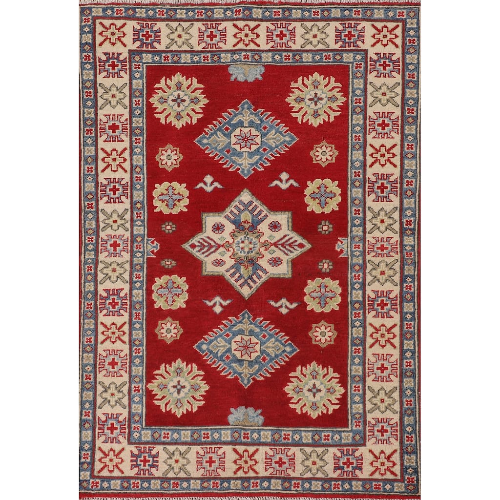 Red Geometric Kazak Oriental Accent Rug Hand-Knotted Wool Carpet - 3'4"x 4'10"