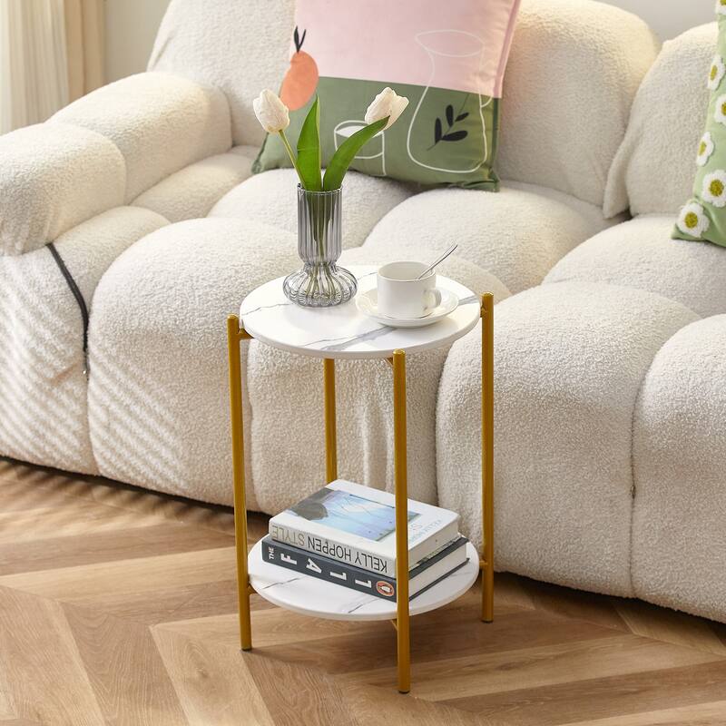 2-layer End Table with Whole Marble Tabletop, Round Coffee Table with Golden Metal Frame - Gold