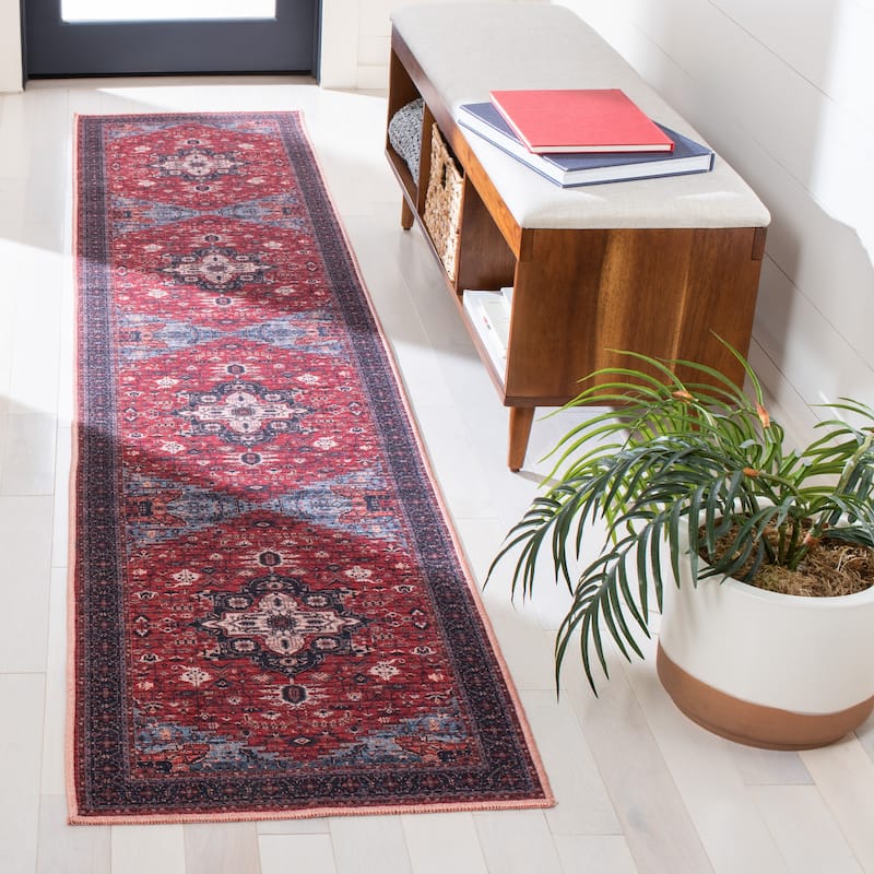 SAFAVIEH Serapi Machine Washable Minda Medallion Distressed Rug - 2' x 11' Runner - Red/Navy