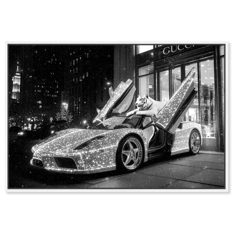 Glistening Tiger and Car Canvas by Art Remedy - White - 36" x 24"