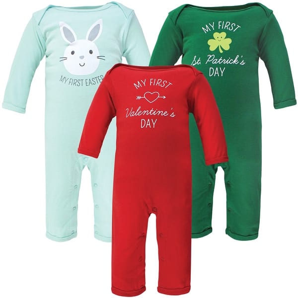 slide 1 of 1, Hudson Baby Unisex Baby Cotton Coveralls, Valentine Easter 0 - 3 Months - Green/Blue/Red
