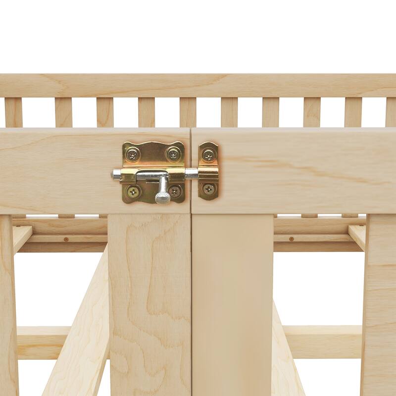 Natural Full Size Pine Wood Floor Bed with Safety Guardrails and Door for Kids, Boys, Girls, Bedroom