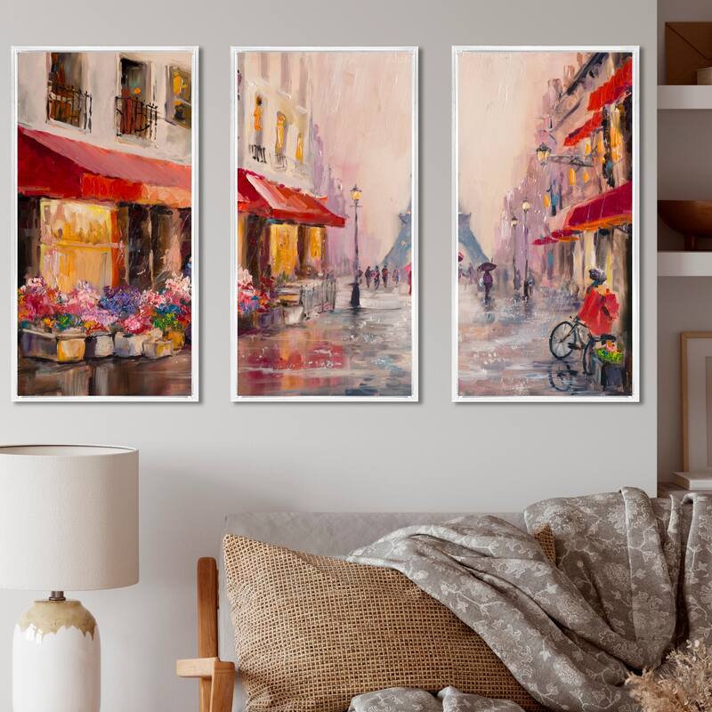 Designart "Lovers in Paris Eiffel Tower " Cityscape Framed Art Set of 3 - 4 Colors of Frames - 36 in. wide x 20 in. high - 3 Panels - White