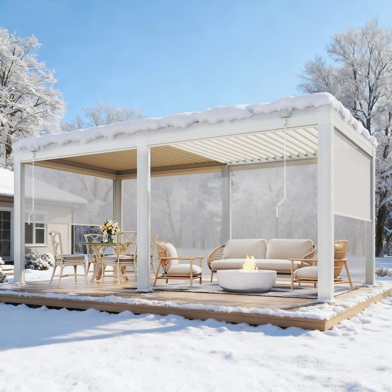 Erommy Outdoor Louvered Pergola Gazebo with Adjustable Aluminum Rainproof Roof and Pull-Down Screen