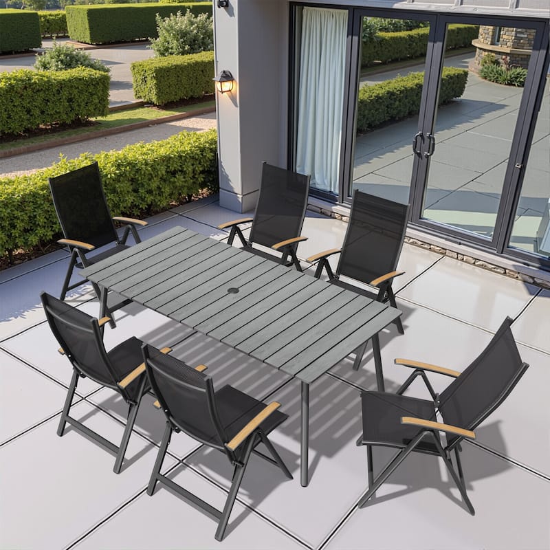 7/9-Piece Outdoor Rectangle Aluminum Dining Table with Umbrella Hole include Folding Chairs - 70in-GreyTable-7PC