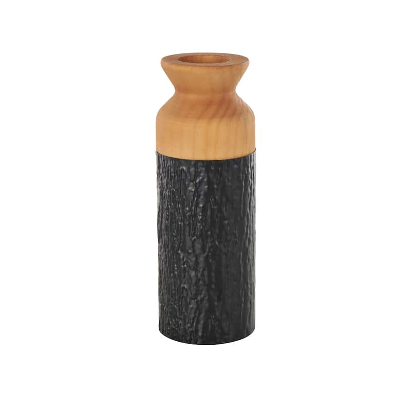 Metal Abstract Textured Color Block Decorative Vase with Brown Wood Tops - Set of 2 Black - Roche River Decor - 4"W x 4"L x 11"H