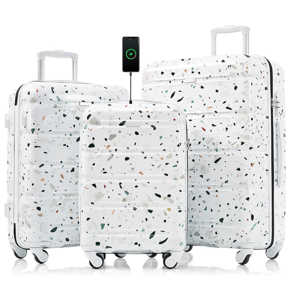 3-Piece, 20-Inch Modern Hard Shell Luggage with USB Port and Spinner Wheels, for Boarding Travel, White