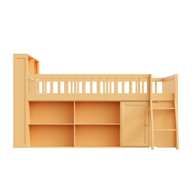 Roomfitters Full/Queen Loft Bed with Storage Shelves and LED Headboard