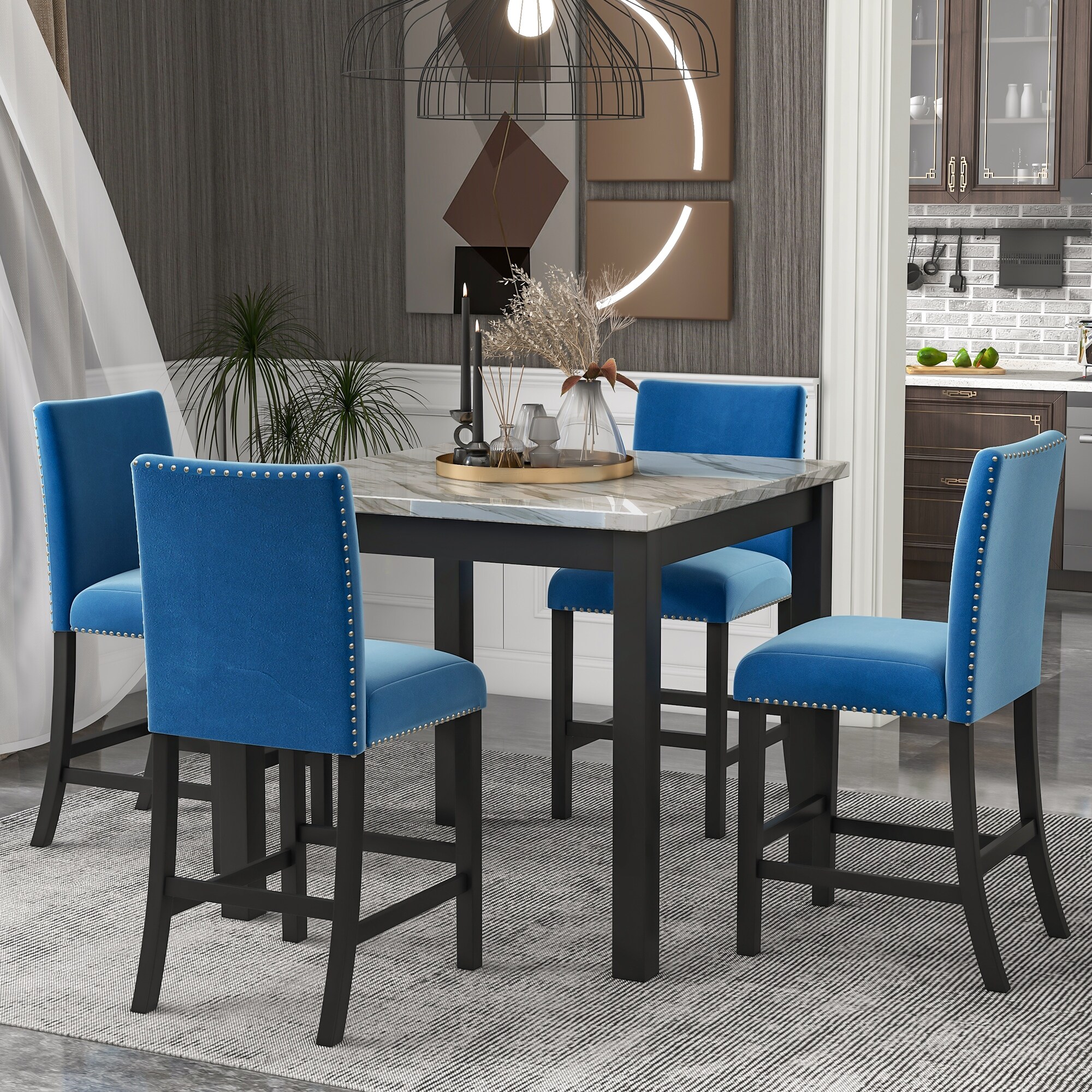 White marble table on sale with blue chairs