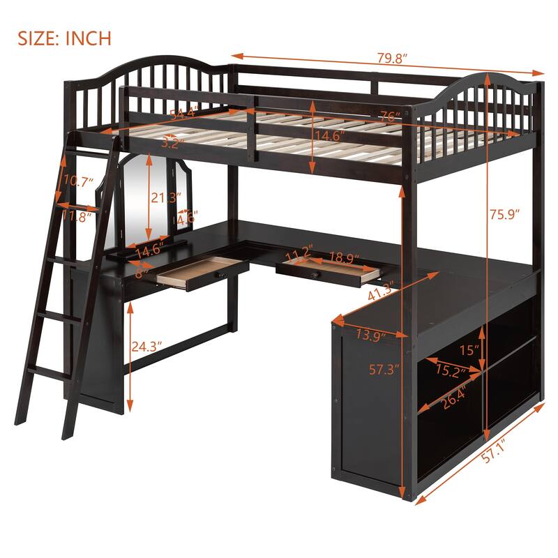 Full Size Pinewood Loft Bed with U-shaped Desk, Storage Compartments, and Tri-fold Mirror