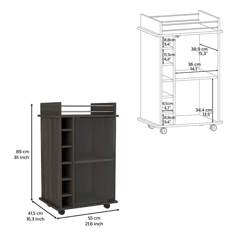 Sleek Bar Cart with Glass Door, Six Wine Cubbies, Locking Casters, Top Shelf - Carbon Espresso