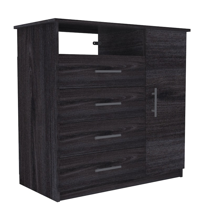TUHOME Peru 4 Drawer Dresser with Vertical Cupboard & Open Shelf