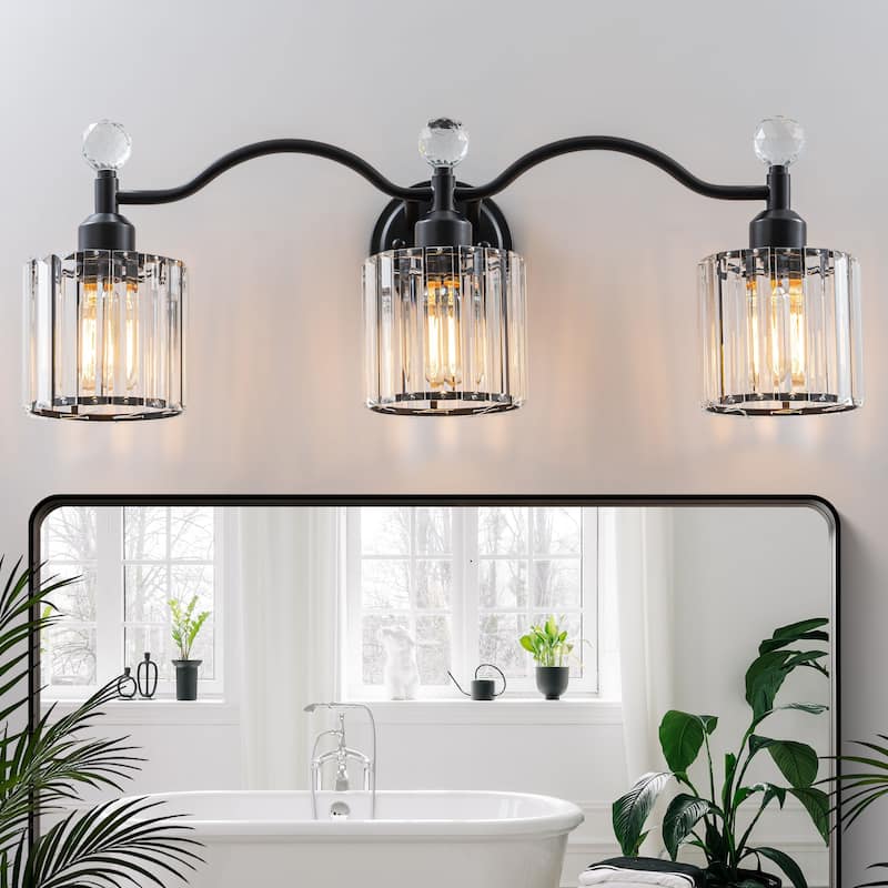 Starsky 3-Light Modern Crystal Bathroom Vanity Fixture with Ribbed Glass Shades and Sparkling Crystal Ball Accents