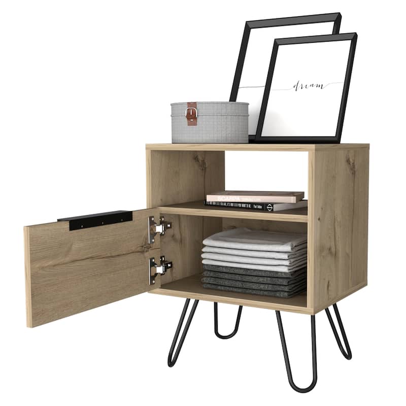 Nightstand 22"H, One Open Shelf, Single Door Cabient, Hairpin Legs, Black