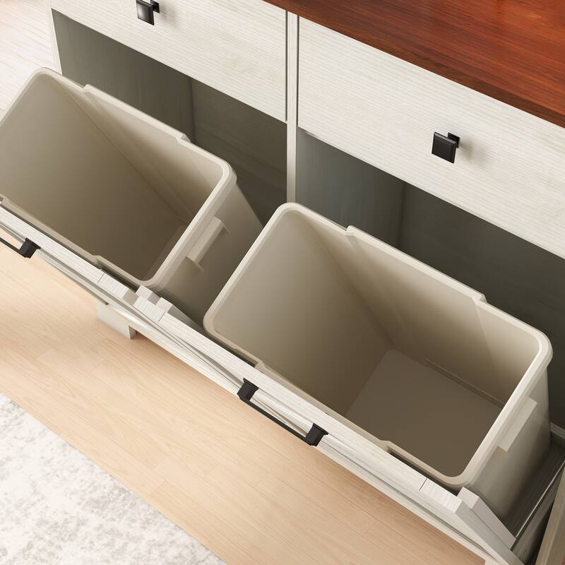 Tilt Out Trash Cabinet, Freestanding Wooden Trash Recycling Cabinet, Hidden Dual Laundry Cabinets with 2 Drawers & 2 Baskets