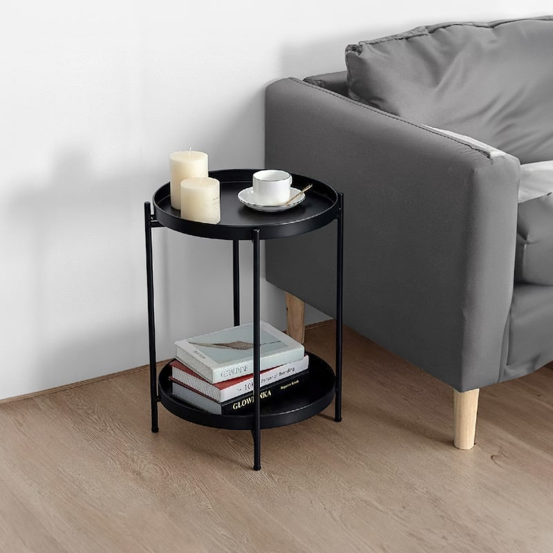 Vica 15 Inch Modern Side End Table, Metal Round Tray Top Foldable Legs, Black