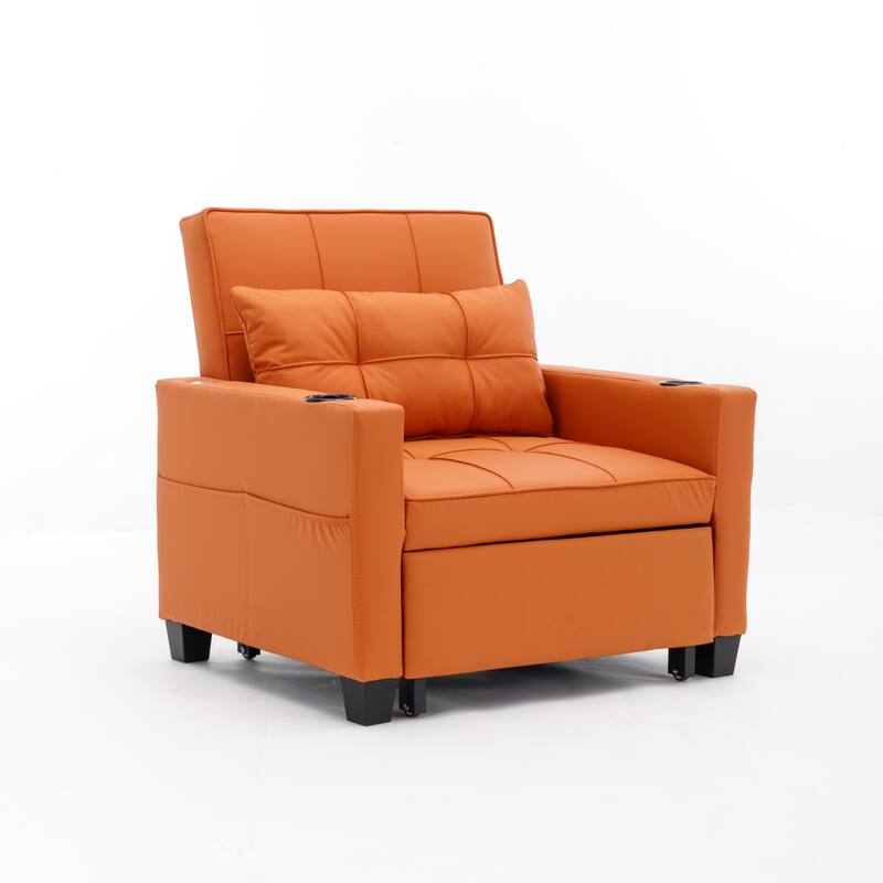 Leather Futon Armchair Bed with USB, Cup Holders & 3-Position Backrest