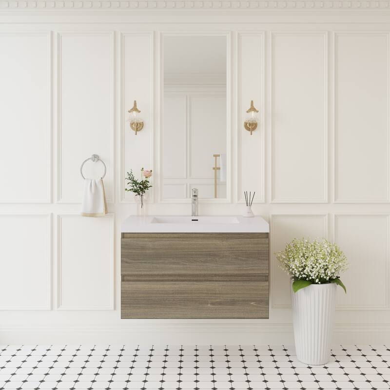 Modern Wall-Mounted Bathroom Vanity with White Solid Surface Top - 35.43'' x 19.69'' x 22.4'' - Grey