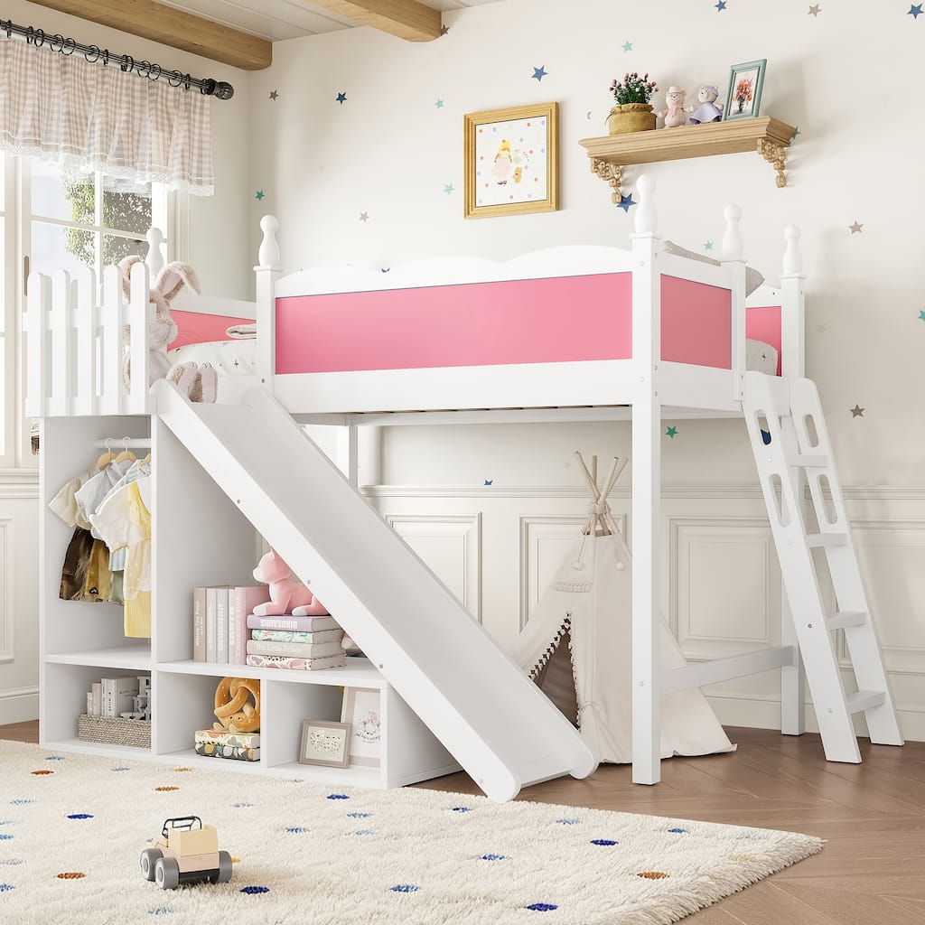 Twin Loft Bed with Storage Shelves and Wardrobe, Solid Wood Loft Beds with Detachable Slide and Ladders, No Spring Box Needed