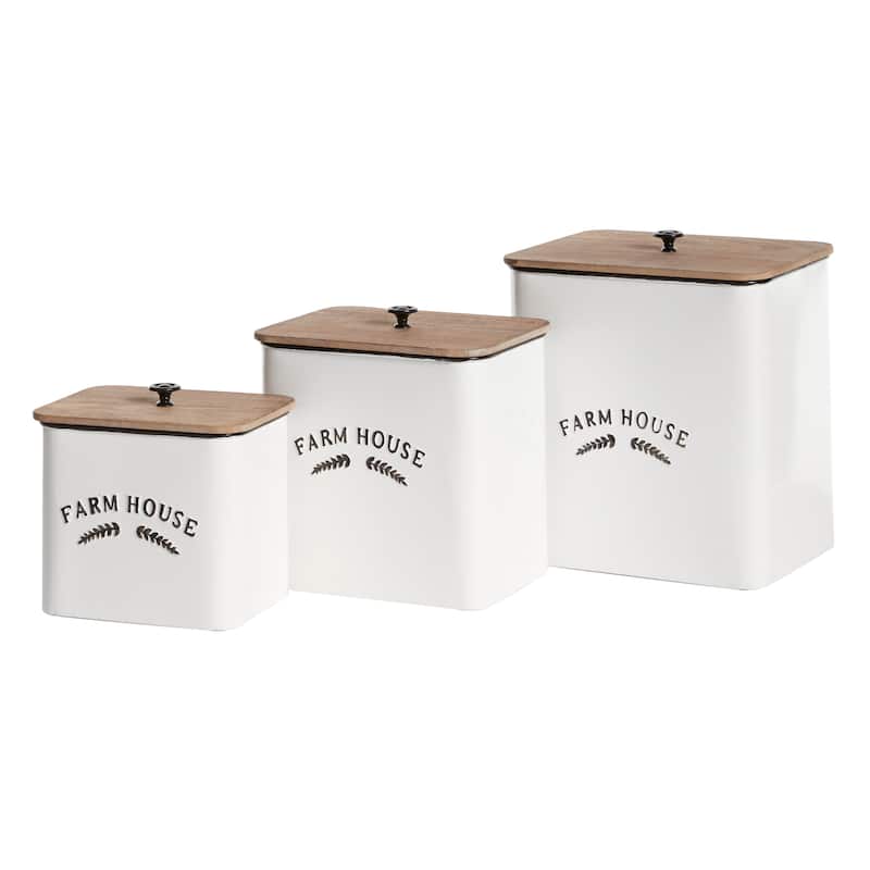 Metal Farm House Canisters with Wood Lids and Black Accents - Set of 3 White - Roche River Decor - 7"W x 10"L x 11"H