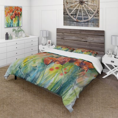 Designart 'Red Blossoming Poppies V' Traditional Duvet Cover Set
