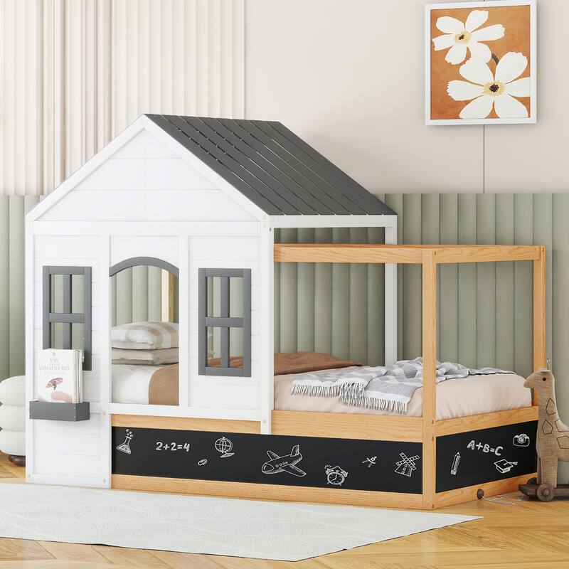 House Shaped Canopy Bed with Black Roof and White Window Blackboard and