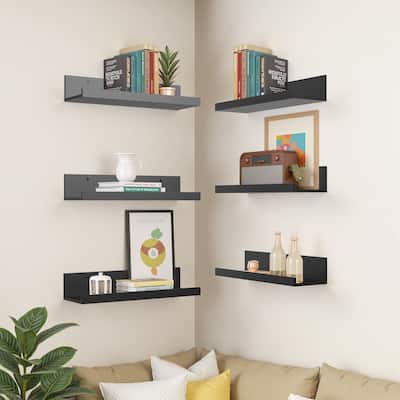 Homy Casa U-Shaped Wall-Mounted Floating Shelf Set of 6, Black & BR