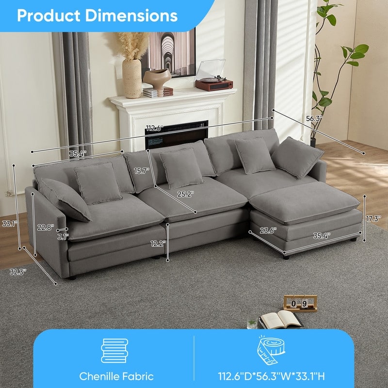 Mixoy 113''L-Shaped Modular Sectional Sofa,Modern Chenille 4-Seater Cloud Couch with Ottoman and Thickened Cushion