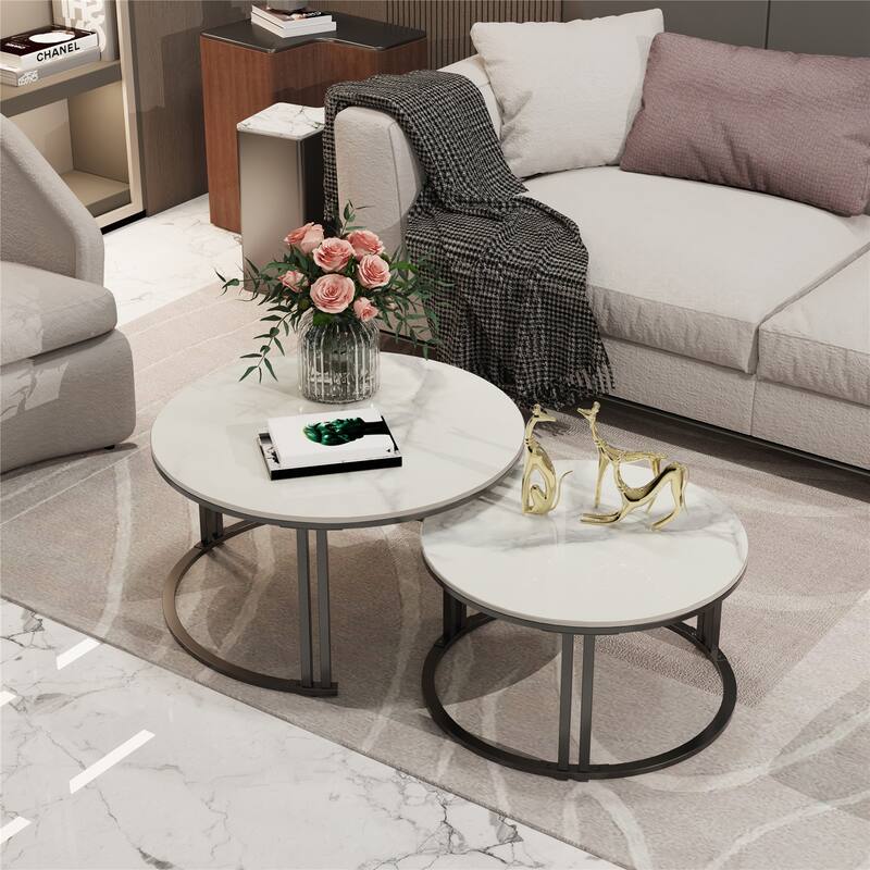 2 Pack Round Nested Coffee Table Sintered Stone-top Side Sofa Table