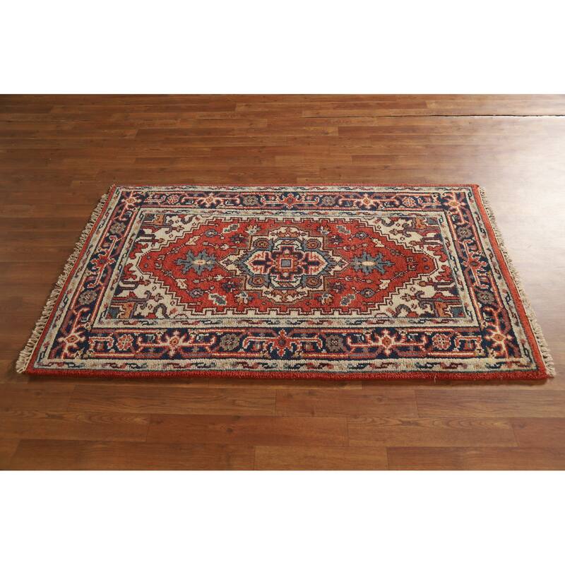 Hand Knotted Oriental 100% Wool Carpet Traditional Medallion Oranges & Rust Heriz (serapi) Area Rug - 5' 1'' X 3' 0''