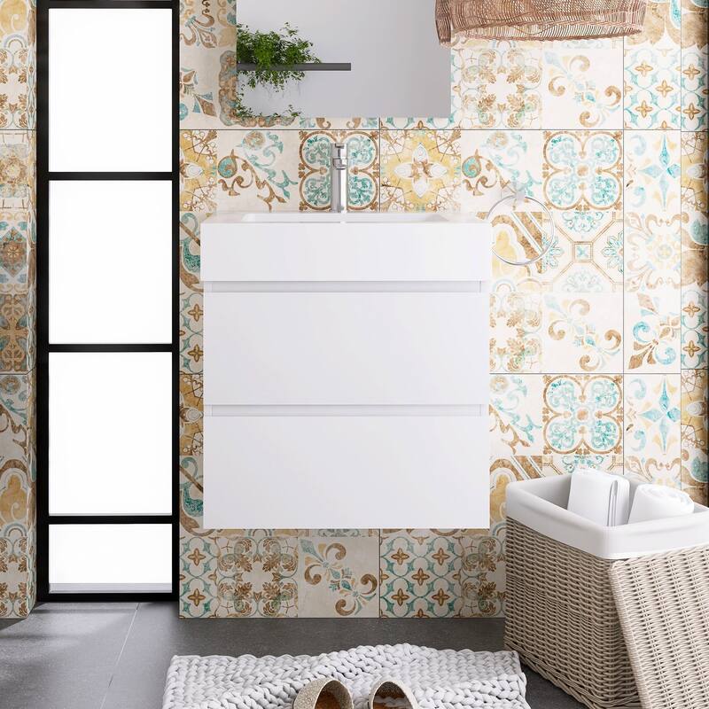 Wood Wall-Mounted Bathroom Vanity Set with White Integrated Resin Sink - 24" x 18" - White