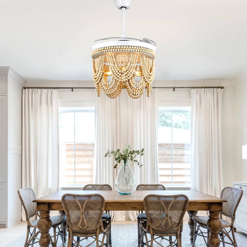Cusp Barn 42" Retractable Ceiling Fan with Light, Farmhouse Wooden Bead Chandelier, Quiet DC Motor 6 Speeds Bohemian Ceiling Fan