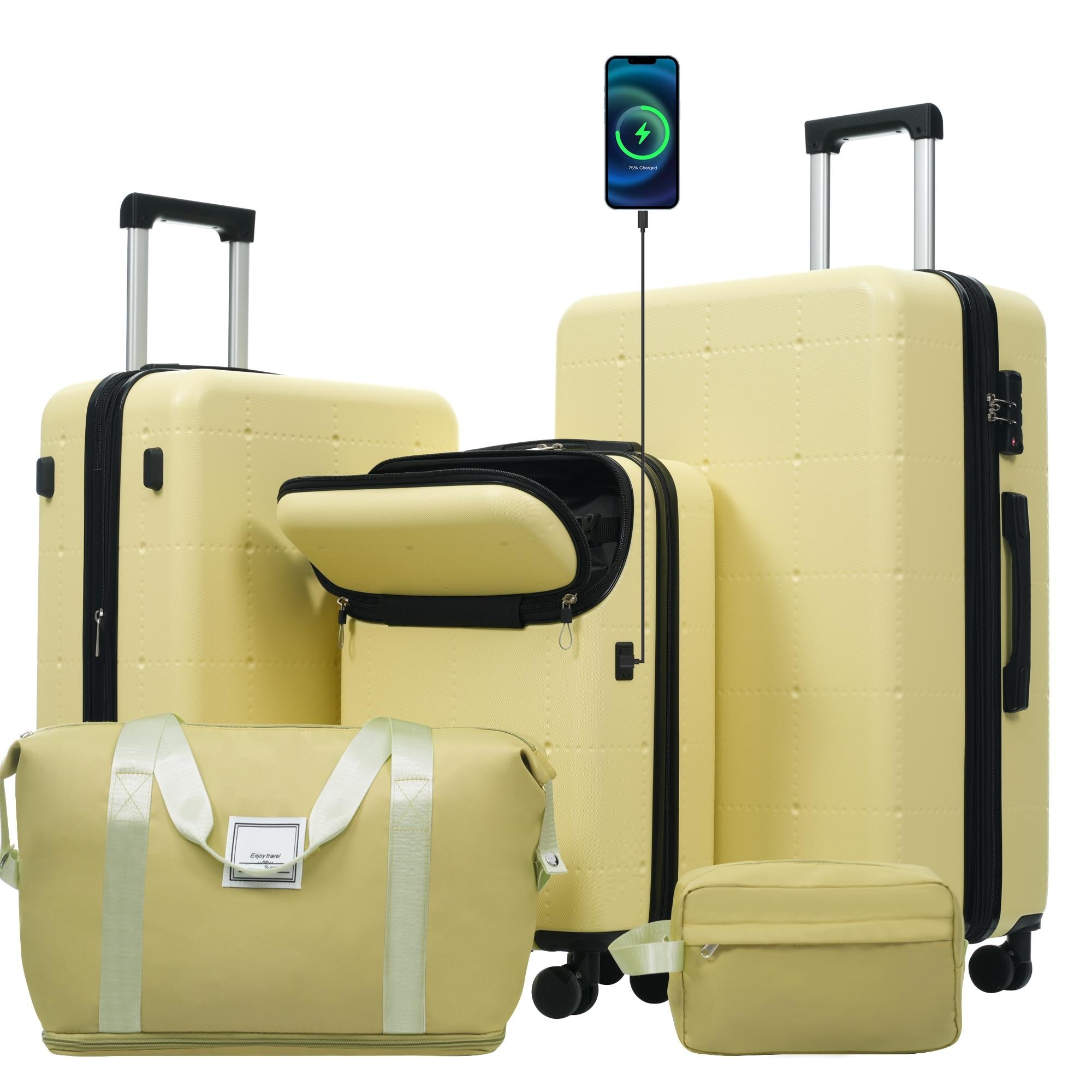 Hardside Luggage Set 5 Piece with Bags, 20IN Half-opening Carry on Luggage with USB Port, 24IN 28IN Luggage with Double Wheels