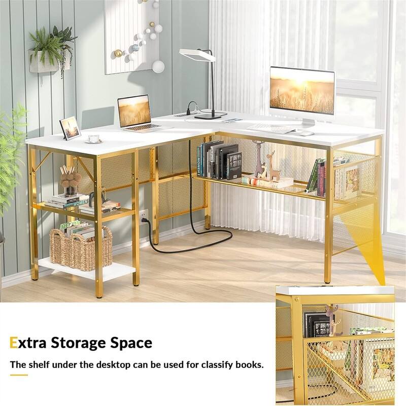 L Shaped Desk with USB Charging Port and Power Outlet