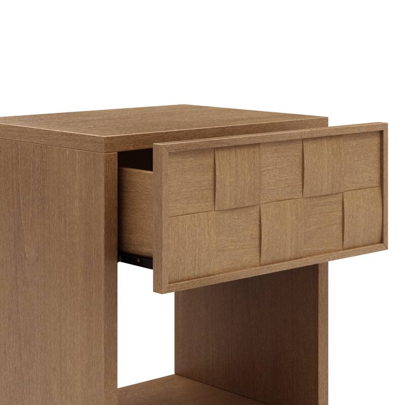 Paige Mid Century Modern Nightstand with 1 Drawer, Rustic Bedside Table with Sculpted Drawer Front and Open Bottom Shelf