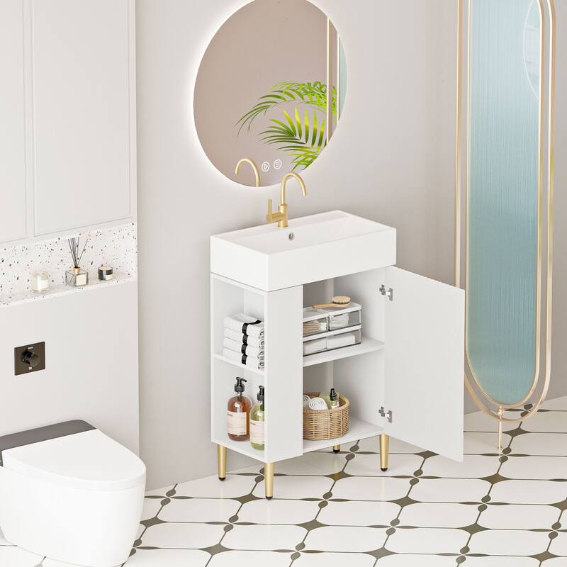 Compact White Bathroom Vanity with Ceramic Sink, Soft-Closing Cabinet, and Brushed Copper Accents for Small Spaces