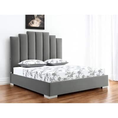 HomeRoots Queen Grey Upholstered Vertical Channel Velvet Bed with USB.