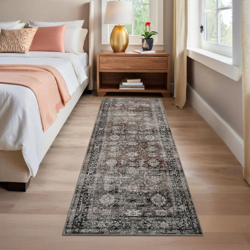 Area Rug Vintage Washable Floral Distressed Living Room Rugs, Soft Low Pile Non-Slip Rugs for Bedroom