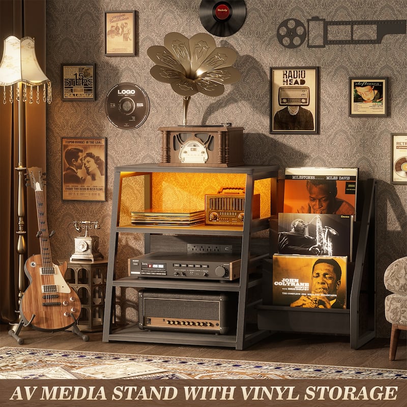 4-Tier Record Player Stand with Vinyl Record Storage ＆ LED Light ＆ Charging Station, Record Player Table, Media Console