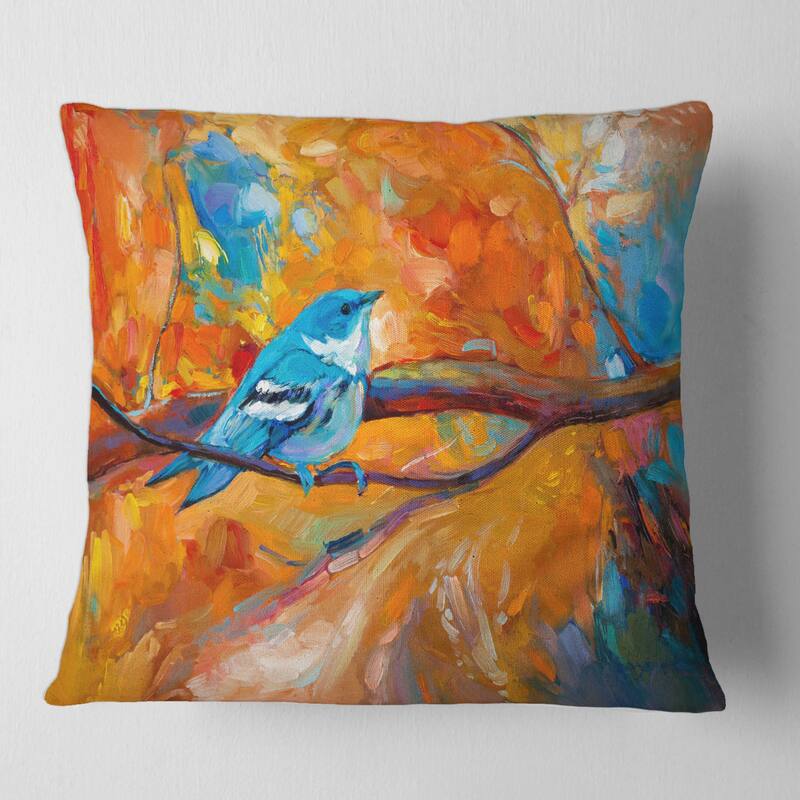 Designart 'Blue Cerulean Warbler Bird On A Branch' Traditional Printed Throw Pillow - 18 x 18