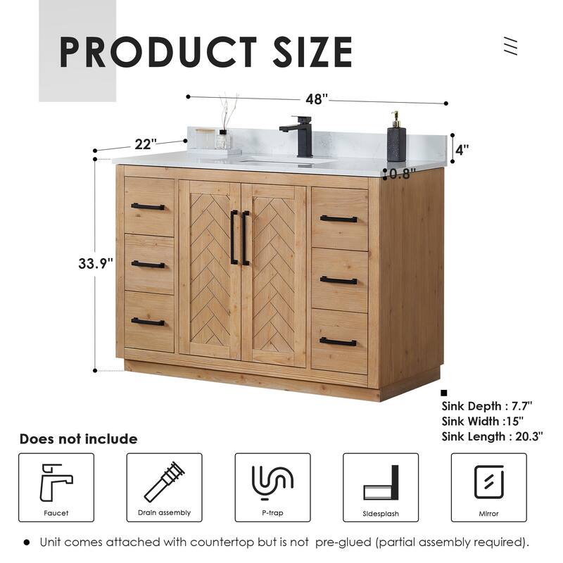 Anais 3Single Bathroom Vanity in Light Brown with Grain White Engineered Stone Countertop without Mirror