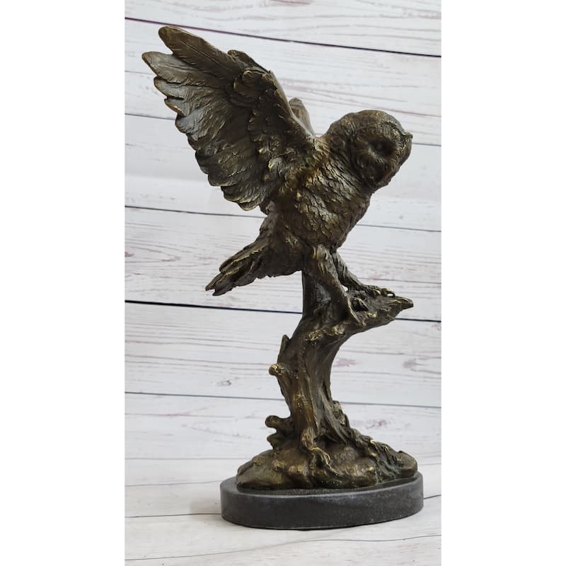 Bronze Marble Base Owl Bird Sculpture Statue Figure Art Decor Hot Cast Figurine