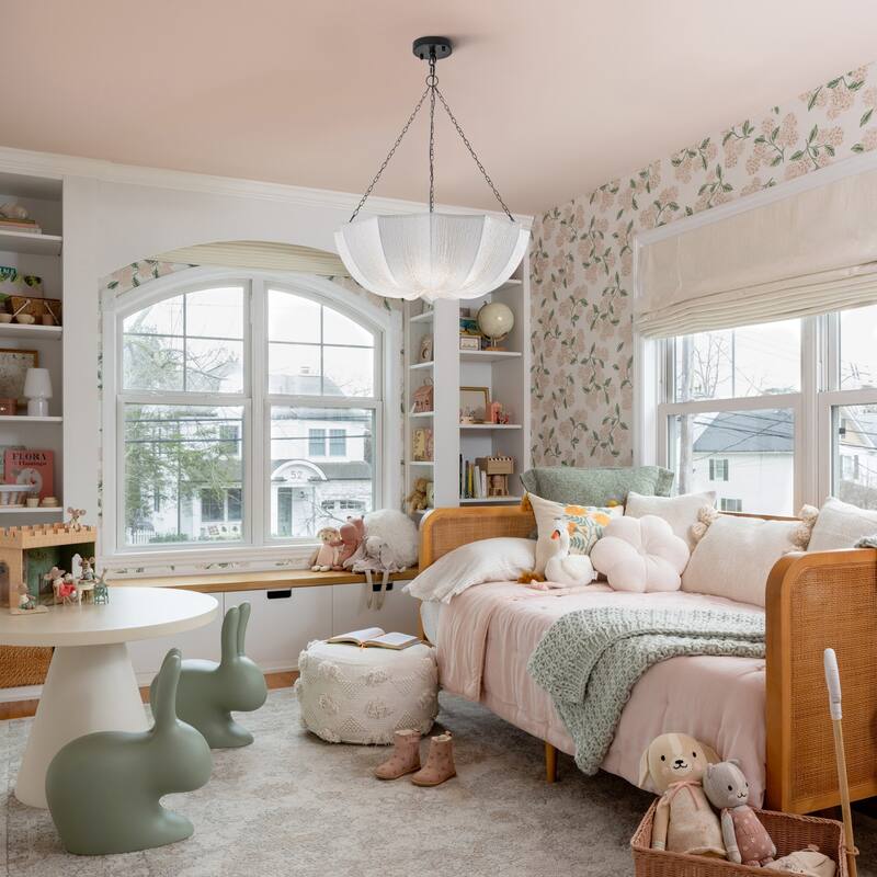 5-Light White Fabric Shade Pendant Light for Living Room - Black White