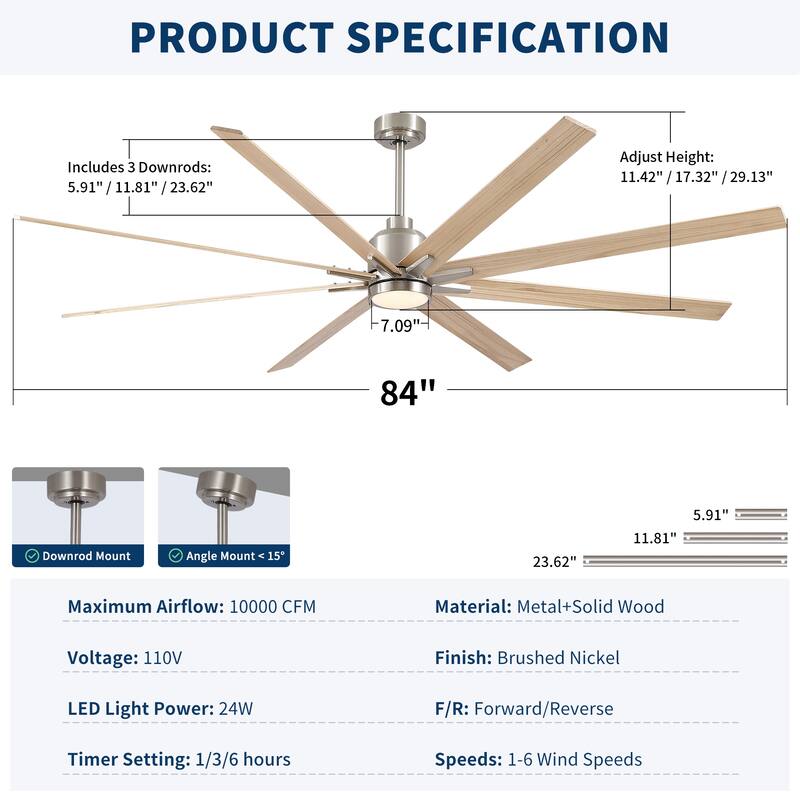 84" Oversized Large Black Walnut Solid Wood Ceiling Fan with Dimmable Led Light 8 Blades Remote Control Reversible DC Motor